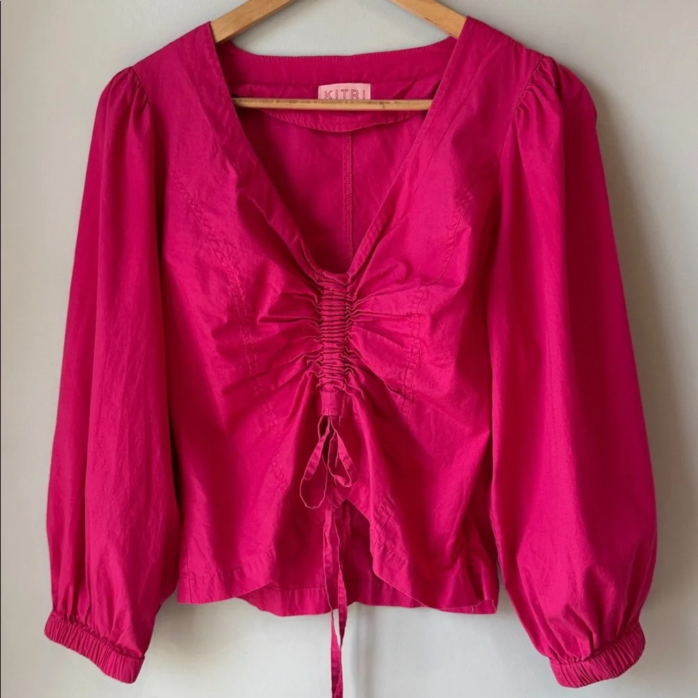 KITRI Ruched Cotton Blouse Top Fuchsia Pink - Picture 2 of 8